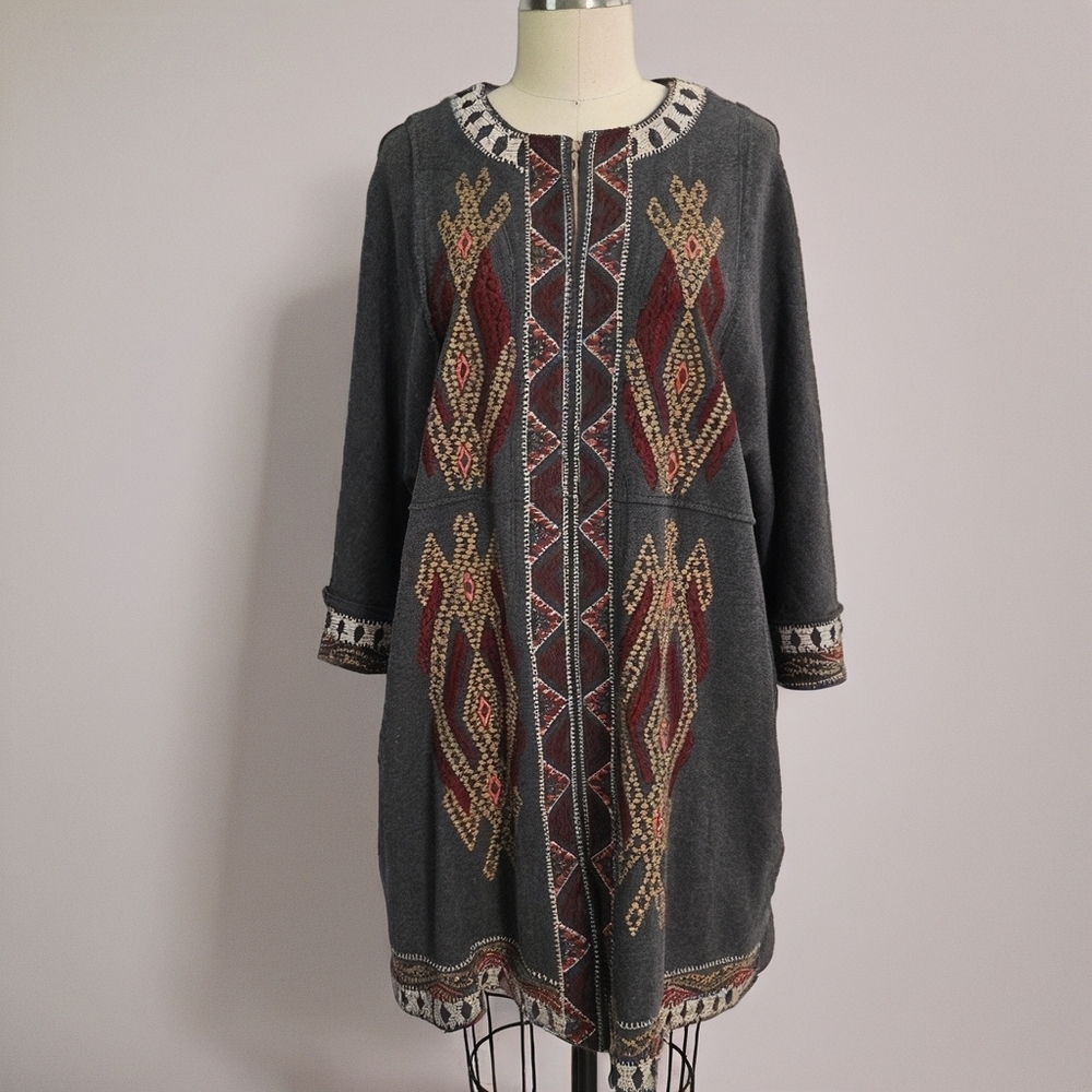 Johnny‎ Was Gray Embroidered Open Front Cardigan M